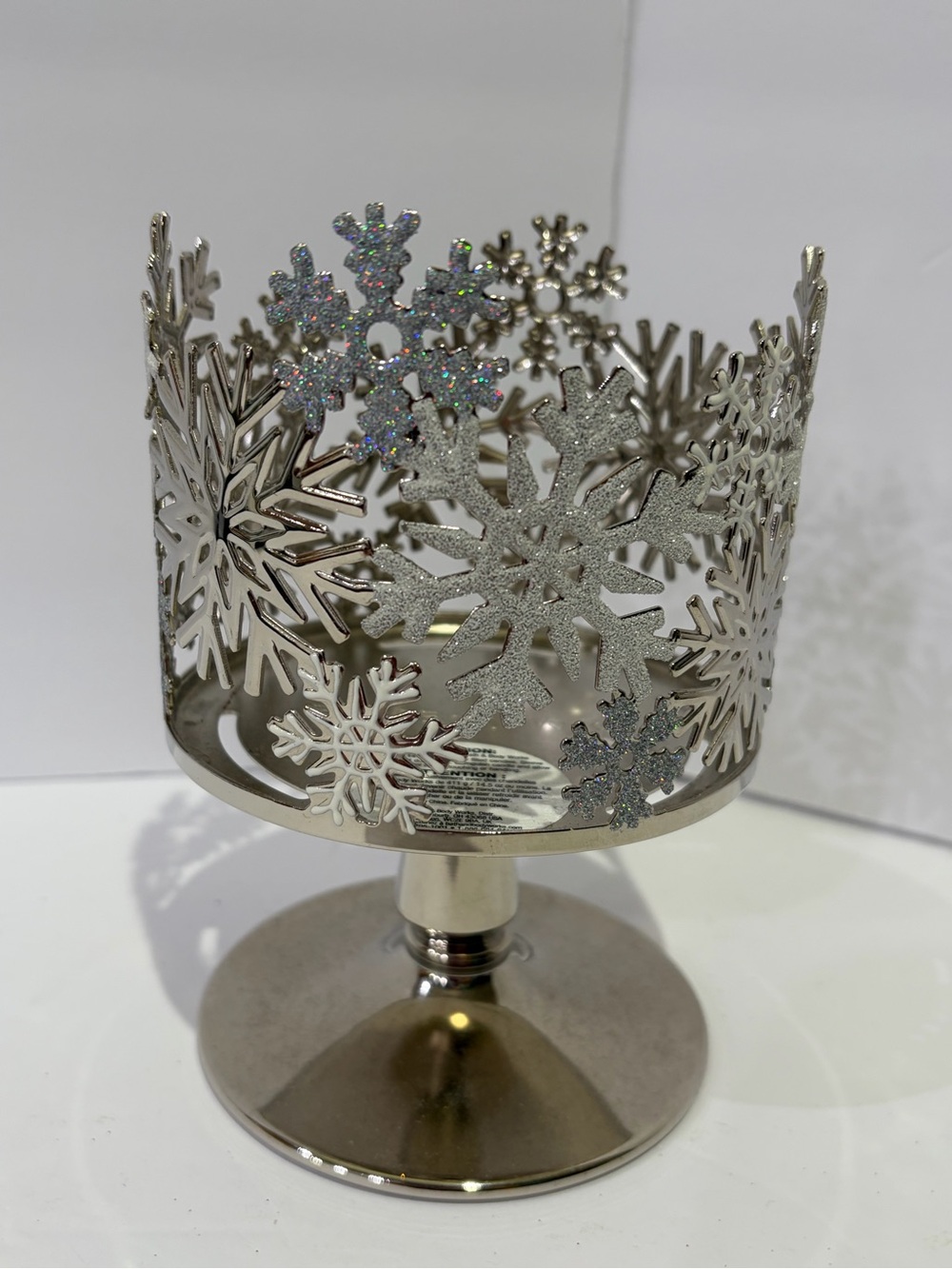 2019 Bath & Body Works Silver Glitter Snowflakes Pedestal Candle Holder